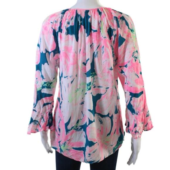 Lilly Pulitzer Pink Teal Floral Keyhole Bell Sleeve Top Resort Blouse Medium - Picture 3 of 9